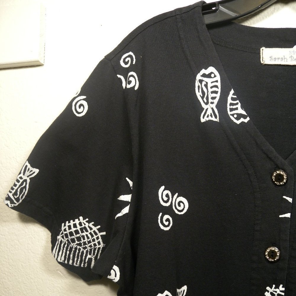 Sarah Bentley Pisces Black & White Short Sleeve Button Up Shirt SZ 1X - Picture 3 of 13